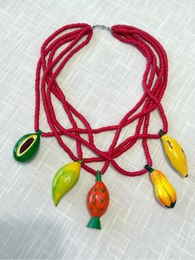 Vintage Wood Artisan Multi-Fruit Pendant Necklace